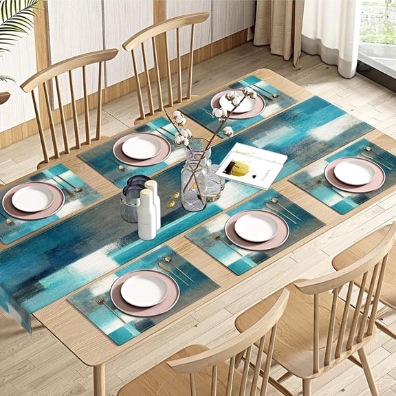 Farmhouse Table Runner and Placemats Set of 6, Cotton-Linen Abstract Teal and Grey Painting Art Dining Table Decor for Daily Use(1 Table Runner 72 inches Long and 6 Placemats)