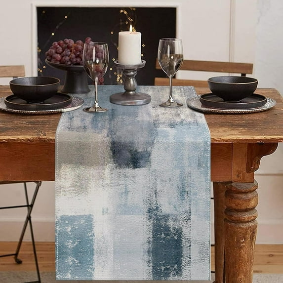Farmhouse Table Runner, Vintage Blue and Grey Abstract Art Painting for Kitchen Coffee Table Family Dinners Holiday Parties Wedding Events Decor(13x108 inch)