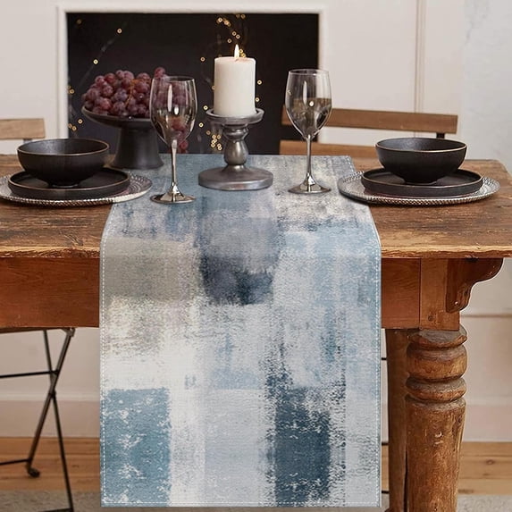 Farmhouse Table Runner, Vintage Blue and Grey Abstract Art Painting for Kitchen Coffee Table Family Dinners Holiday Parties Wedding Events Decor(13x90 inch)