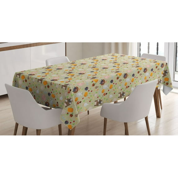 Farmhouse Tablecloth, Barnyard Theme Cartoon Farm Animals and Organic Crops Vegetables Pattern, Rectangle Satin Table Cover Accent for Dining Room and Kitchen, 52" X 70", Multicolor, by Ambesonne
