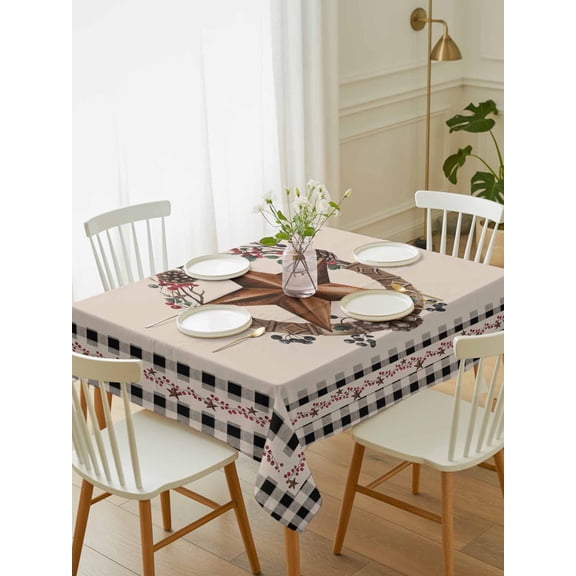 Farmhouse Tablecloth Rectangle Table Cloth 60x102, Waterproof Tablecloth Outdoor Table Cloth, Country Star Berry Plaid Lodge Grey Brown Washable Table Cover for Kitchen Dinning Party