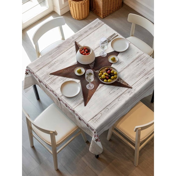 Farmhouse Tablecloth Square Table Cloth 54x54, Waterproof Tablecloth Outdoor Table Cloth, Rustic Brown Country Star Barn Berry Wooden Washable Table Cover for Kitchen Dinning Party