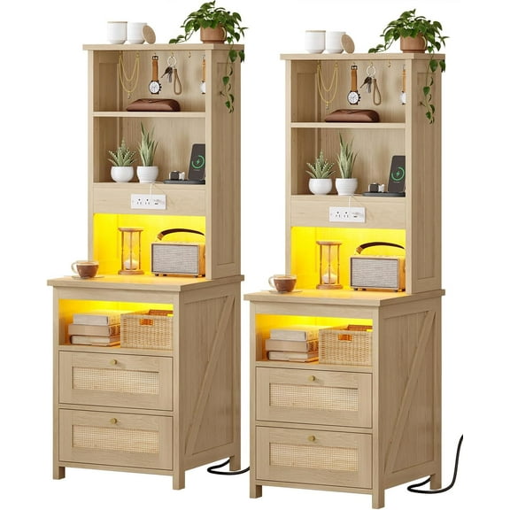 Farmhouse Tall Boho Rattan Nightstand Set of 2 with Bookself & Charging Station and LED Lights, Wood