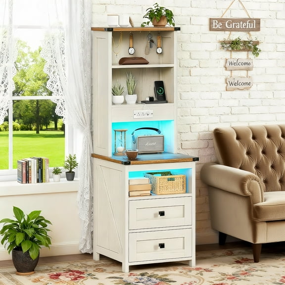 Farmhouse Tall Nightstand with Charging Station and LED Lights, Extral Tall Bed Side Table with 2 Drawers and Bookshelf & 6 Hooks, Easy to Assembly, Antique White