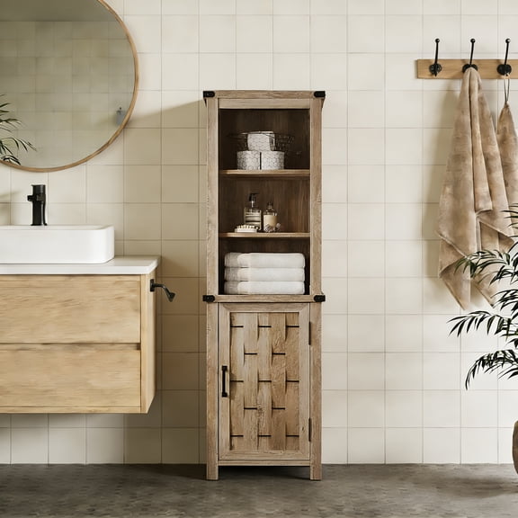 Narrow Farmhouse Storage Cabinet with Door and Adjustable Shelves for Corner Light Brown