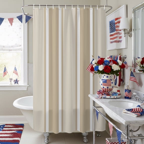 Farmhouse Tan Stripes Line Shower Curtain for Bathroom, Minimalist Boho Striped Waterproof Shower Curtains Washable Quick Dry with Hooks Bathtub Curtains 36x72IN