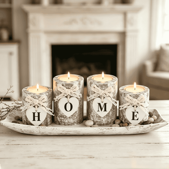Farmhouse Tea Light Candle Holder Set with Wood Tray, Wood Centerpieces for Tables HOME Sign Accent for Dining Table Coffee Table Mantel Shelf Kitchen, Housewarming Gift