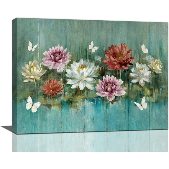Farmhouse Teal Bathroom Decor Wall Art Rustic Vintage Lotus Butterfly Pictures Wall Decor Zen Meditation Canvas Prints Aesthetic Artwork Painting Home Decoration for Living Room Bedroom Framed 12"x16"