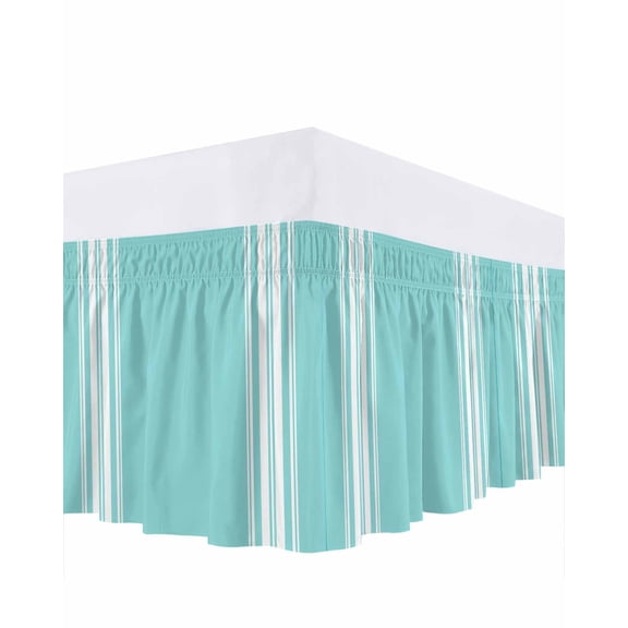 Farmhouse Teal Bed Skirt White Stripe Bed Skirts Queen Size 16 Inch Drop, Wrap Around Dust Ruffle Bedskirt with Adjustable Elastic Belt for Queen Size Beds