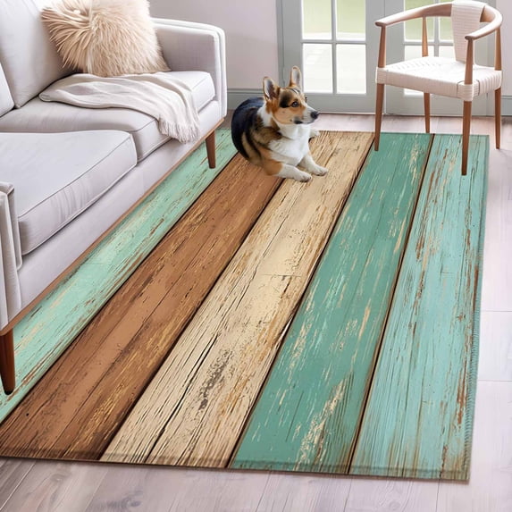 Farmhouse Teal Blue Brown Area Rug 3x5 Washable Rug Non Slip Vintage Wooden Striped Large Area Rug Indoor Floor Carpet for Entryway Bedroom Kitchen Living Room Home Office Dining Room Nursery