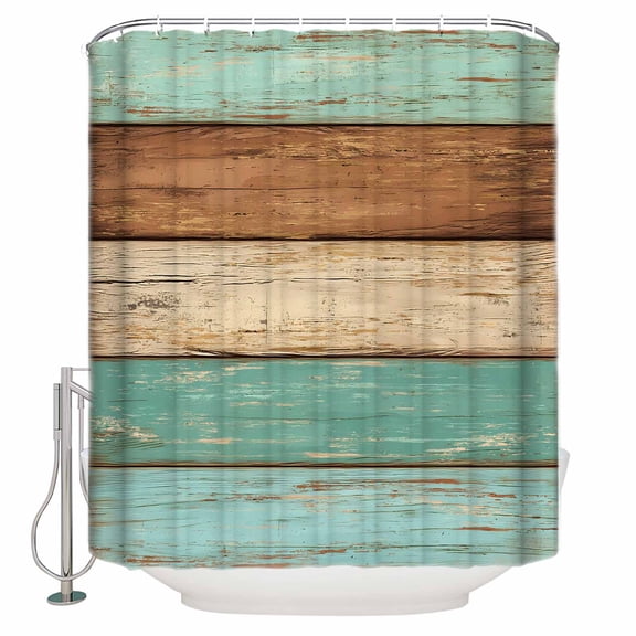 Farmhouse Teal Blue Brown Bathroom Shower Curtains with 12 Hooks Polyester Waterproof Shower Curtain for Stalls and Bathtubs Vintage Wooden Striped Decorative Bathroom Privacy Curtain 36x72 Inches