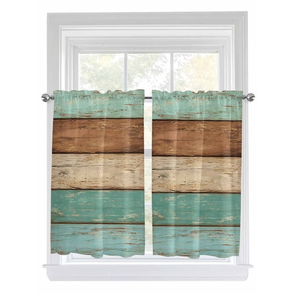 Farmhouse Teal Blue Brown Bathroom Window Curtain, Vintage Wooden Striped Light Filtering Coffee Kitchen Curtains, Bedroom Living Room Curtains 2 Panel 84"x45"