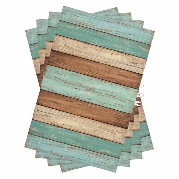 Farmhouse Teal Blue Brown Kitchen Towels Set of 4, Water Absorbent Dish Towel, Vintage Wooden Striped Decorative Hand Towels - Quick Drying Cloth for Cooking Baking, 18x28 Inch