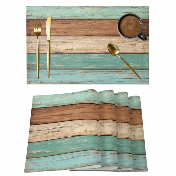 Farmhouse Teal Blue Brown Placemats Set of 8, Vintage Wooden Striped Placemats for Dining Table, Place Mats for Kitchen Tabletop, Waterproof Wipeable Dining Table Mats Set