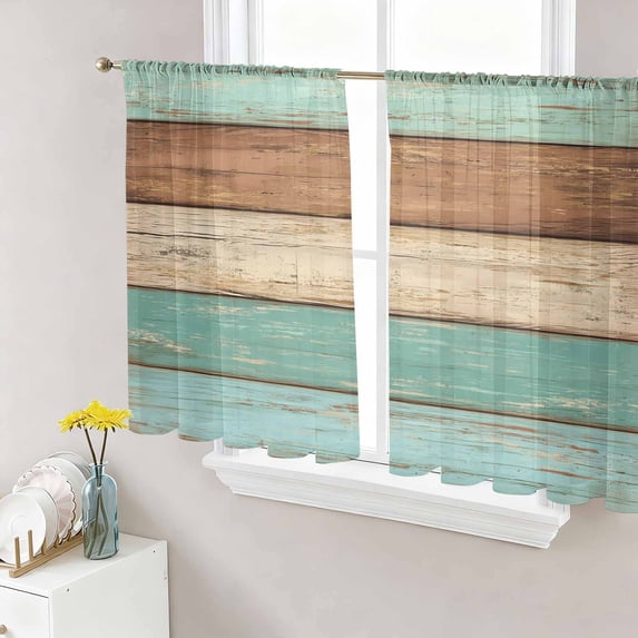 Farmhouse Teal Blue Brown Sheer Curtains 54 Inch Length 2 Panels Set Window Treatments, Vintage Wooden Striped Rod Pocket Semi Curtains for Living Room/Bedroom/Kitchen Décor, 104"W x 54"L