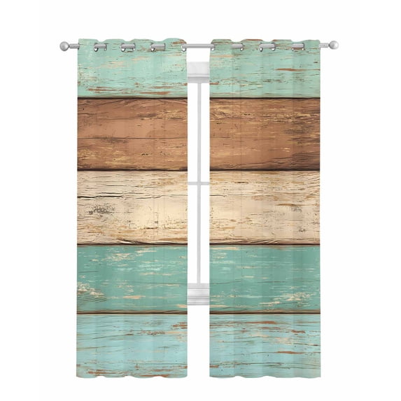 Farmhouse Teal Blue Brown Sheer Curtains 84 Inch Length 2 Panels Set for Living Room/Bedroom, Vintage Wooden Striped Kitchen Curtains Grommet Semi-Sheer Curtains Drapes Window Treatments 42"x84"x2