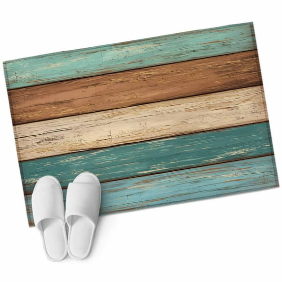 Farmhouse Teal Brown Bathroom Mat 2x3 FT, Non Slip Small Kitchen Mat, Vintage Retro Wooden Washable Soft Backed Front Door Throw Rug Non-Shedding Indoor Outdoor Doormat for Entryway Sink