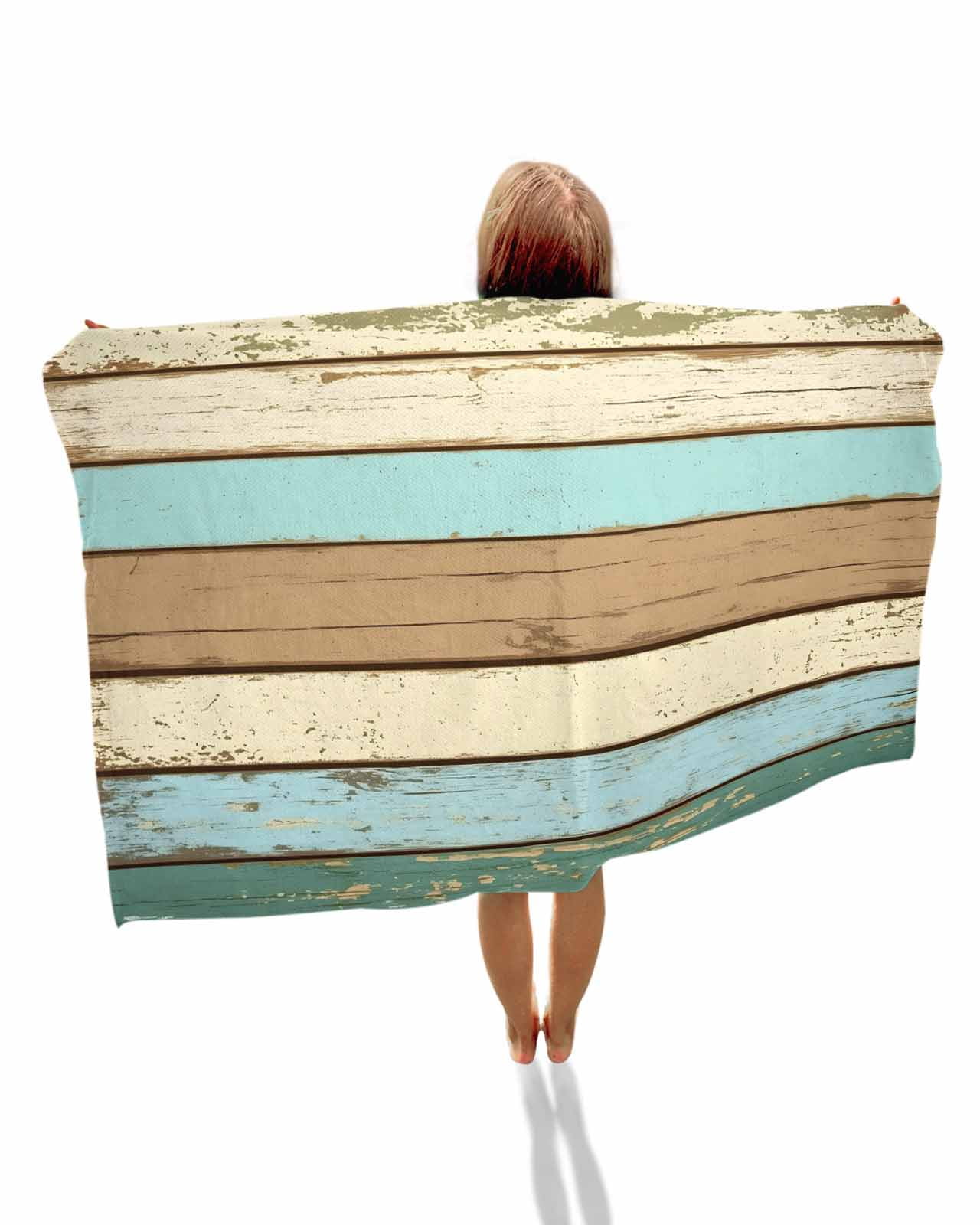 Farmhouse Teal Brown Beach Towels Oversized Super Absorbent, Ombre Wooden Vintage Lightweight Bath Towel Quick Dry Sets For Bathroom/Pool/Rv Camping/Beach Play/Gym Room/Picnic 30"x60"