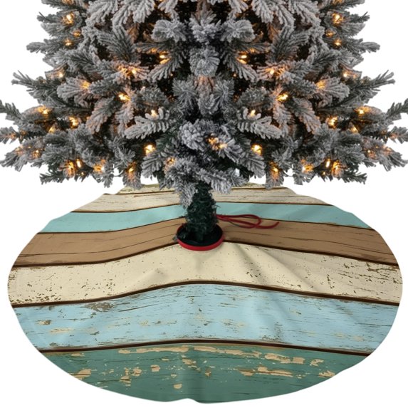 Farmhouse Teal Brown Christmas Tree Skirt 36 Inches, Ombre Wooden Vintage Xmas Trees Skirt Mat Cover Decorations for Holiday Party Indoor Outdoor