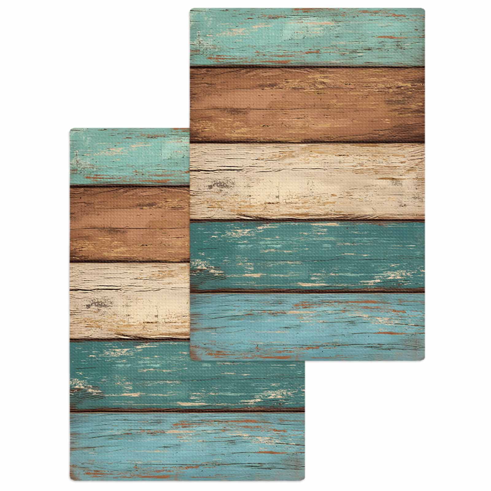 Farmhouse Teal Brown Hand Towels Set, Waffle Weave Kitchen Towels 2 Pieces, Vintage Retro Wooden Microfiber Hair Face Bath Tea Towel Absorbent Quick Drying Cleaning Dish Cloths 15.7"x23.6"