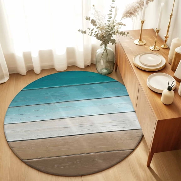 Farmhouse Teal Brown Ombre Wood Round Area Rug 3ft,Living Room Rug Non-Slip Washable Circle Rugs Pad,Rustic Wooden Plank Barn Soft Floor Carpet for Bedroom Dining Room