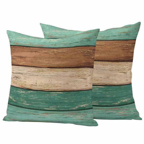 Farmhouse Teal Brown Outdoor Waterproof Pillow Covers, Vintage Wooden Striped Decorative Square Throw Pillowcase Sofa Cushion Sham for Patio/Couch/Chair, 20"x20" 2 Pack
