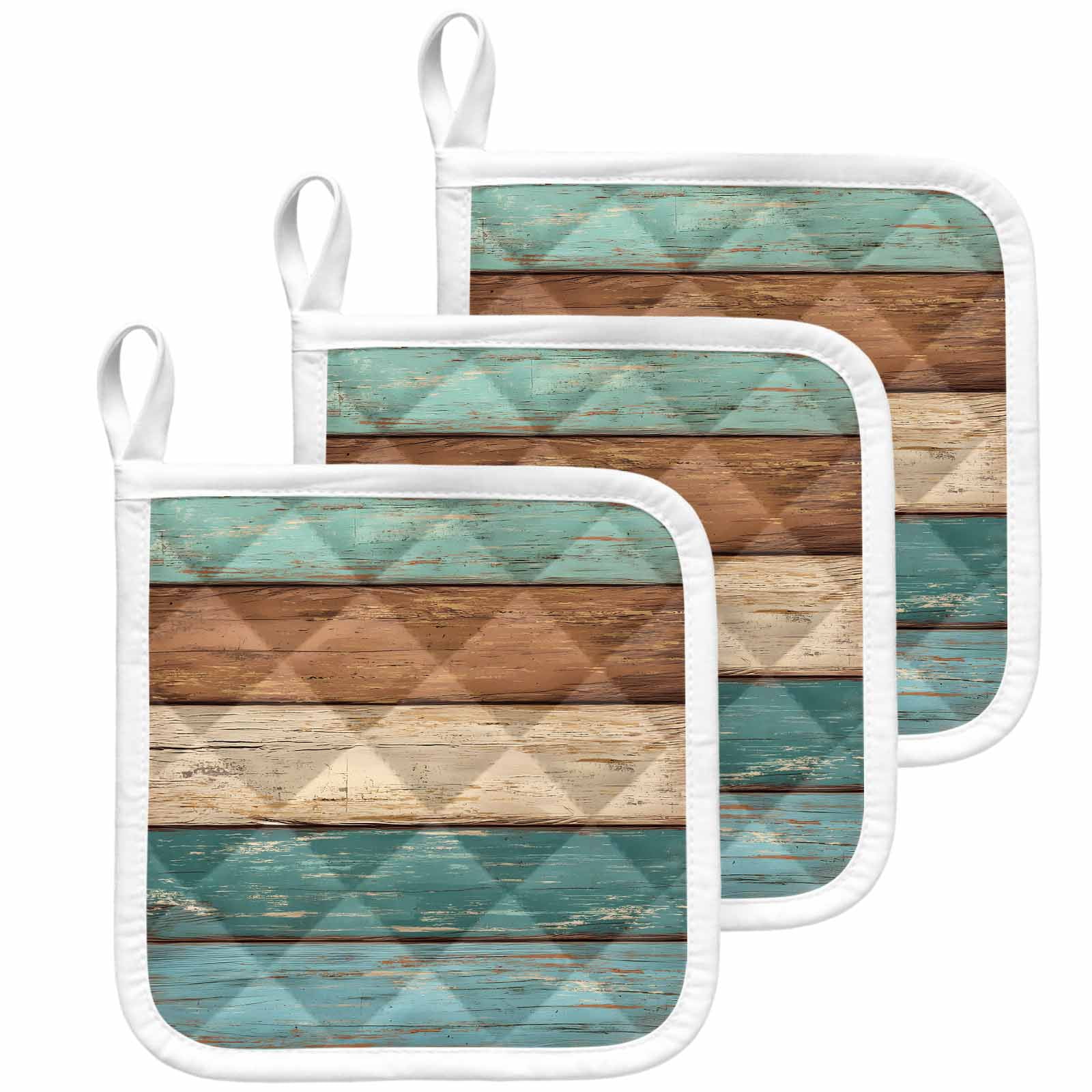 Farmhouse Teal Brown Pot Holders for Kitchen Heatproof Potholder, 3 Pack Vintage Retro Wooden Hot Pads Multipurpose Oven Pads Cloth Potholders Trivet for Cooking Baking