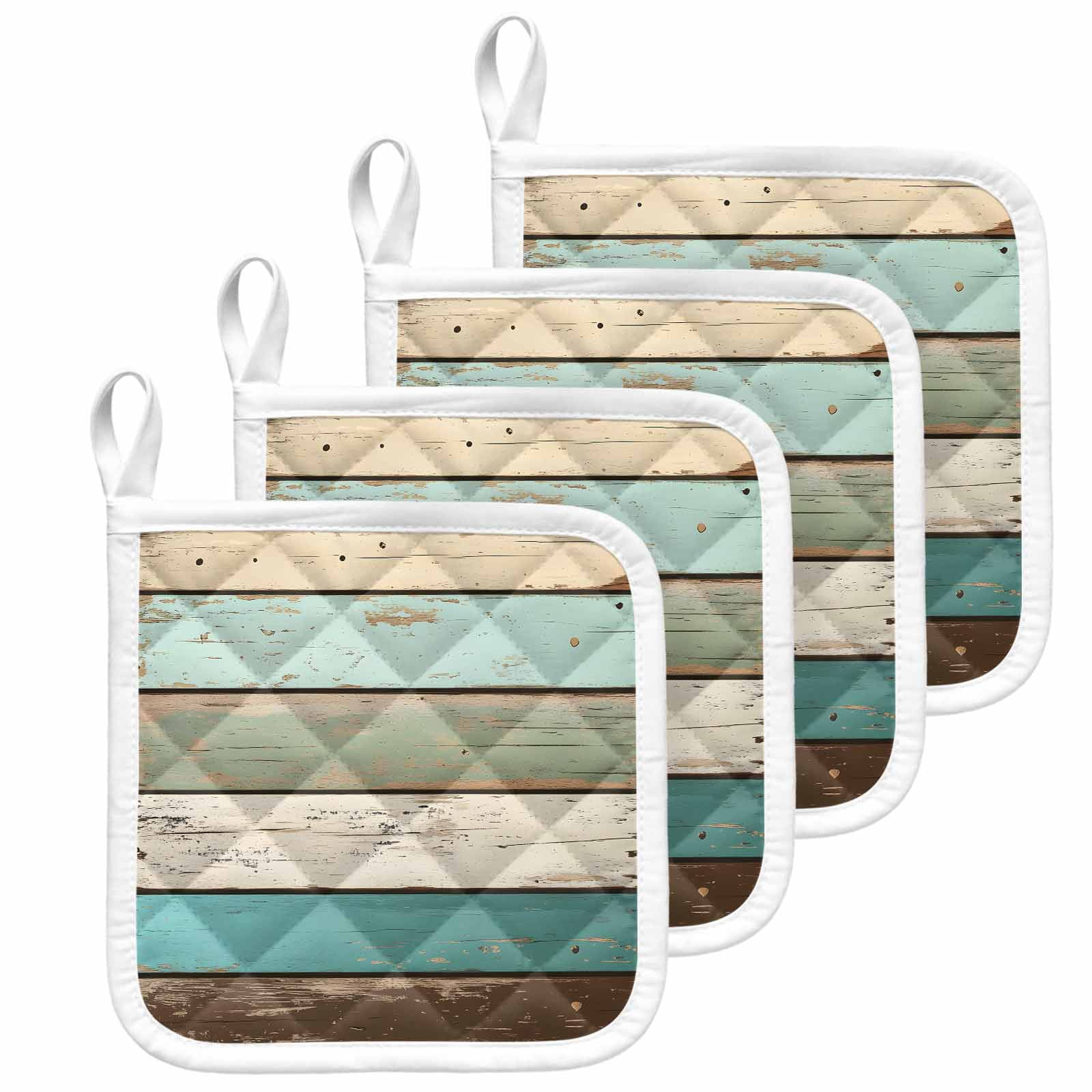 Farmhouse Teal Brown Pot Holders for Kitchen Heatproof Potholder, 4 Pack Vintage Ombre Wooden Hot Pads Multipurpose Oven Pads Cloth Potholders Trivet for Cooking and Baking