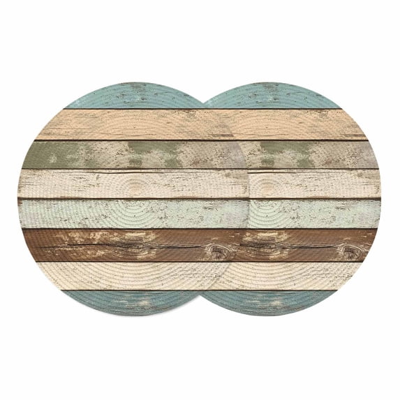 Farmhouse Teal Brown Round 13 Inch Placemats Set of 2, Country Ombre Wooden HeatResistant Non Slip Place Mats for Dining Table, Wipeable Braided Kitchen Table Mats for Housewarming