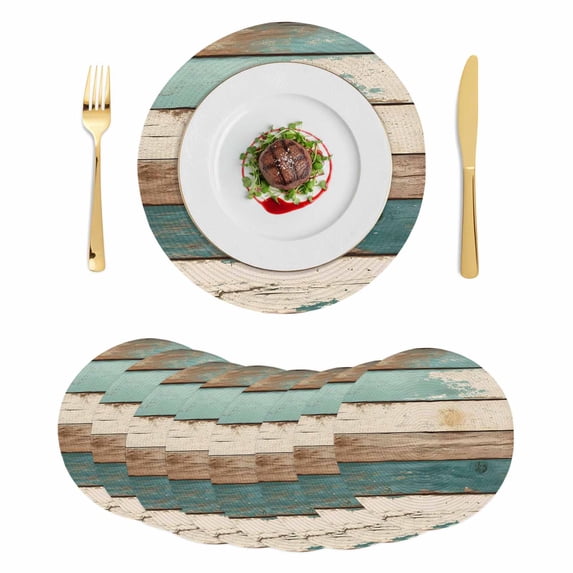 Farmhouse Teal Brown Round 13 Inch Placemats Set of 8, Retro Ombre Wooden HeatResistant Non Slip Place Mats for Dining Table, Wipeable Braided Kitchen Table Mats for Housewarming