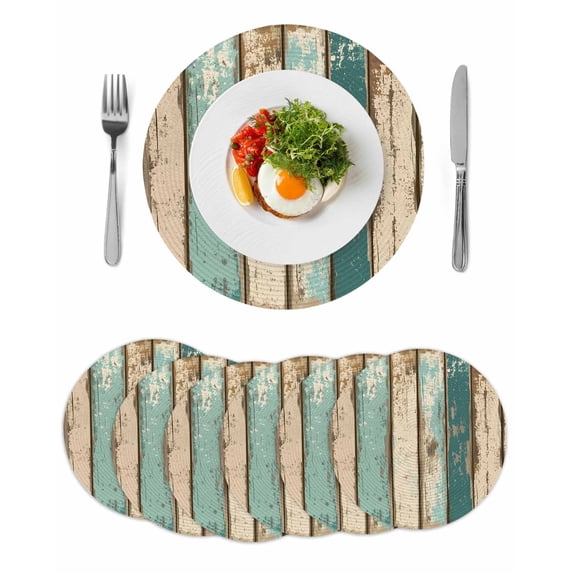 Farmhouse Teal Brown Round Placemats Set of 6 for Dinning Tables,Heat-proof Braided Table Mats 15 Inch,Vintage Retro Ombre Wooden Washable Place Mat for Kitchen Restaurant Party Decor Table Setting