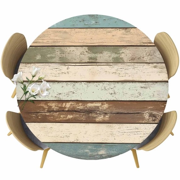 Farmhouse Teal Brown Round Tablecloth 45-54 Inch Round Fitted Table Cloth with Elastic Edge, Country Ombre Wooden Waterproof Table Cover Protector for Outdoor Picnic Party Dining