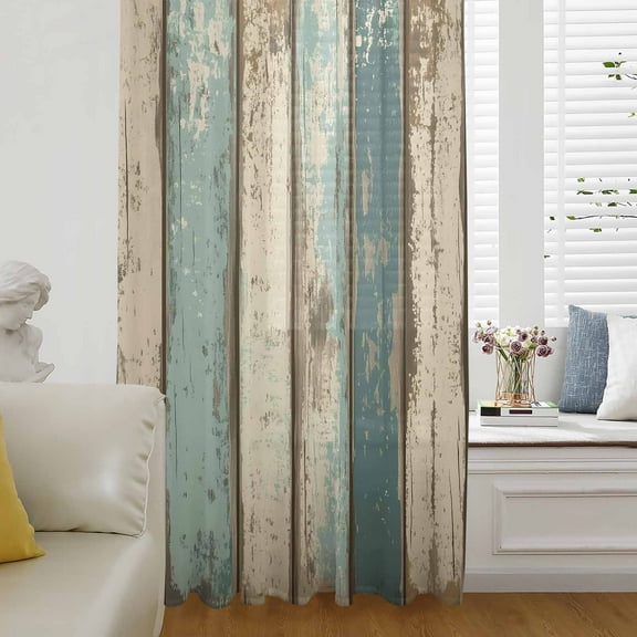 Farmhouse Teal Brown Semi Sheer Curtains Drapes for Living Room, Bedroom, French Doors Window 63 Inches Long, Vintage Retro Ombre Wooden Rod Pocket Chiffon Curtain Drapery Voile Draperies Panel
