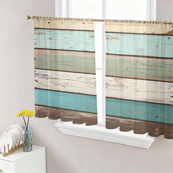 Farmhouse Teal Brown Sheer Curtains 45 Inch Length 2 Panels Set, Vintage Ombre Wooden Voile Window Treatment Rod Pocket Small Kitchen Curtains Drapes for Bedroom 52"x45"x2