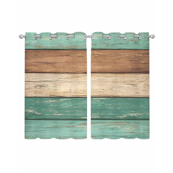 Farmhouse Teal Brown Sheer Curtains 54 Inch Length 2 Panels Set for Living Room/Bedroom, Vintage Wooden Striped Kitchen Curtains Grommet Semi-Sheer Curtains Drapes Voile Window Treatments 42"x54"x2