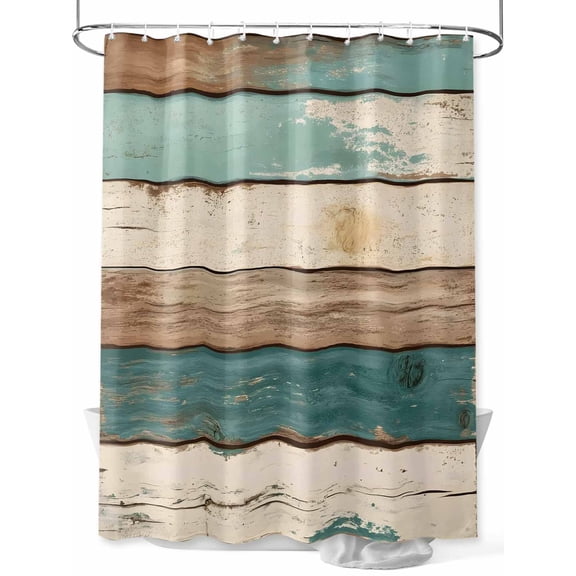 Farmhouse Teal Brown Shower Curtain Set, Waterproof Shower Curtains for Bathroom, Retro Ombre Wooden Washable Fabric Cloth Bath Curtain for Bathtub Decoration with Hooks 72x78 Inches