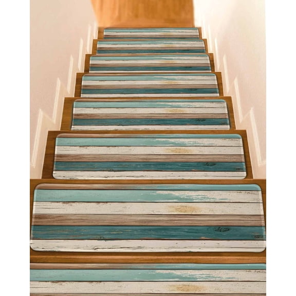 Farmhouse Teal Brown Stair Treads for Wooden Steps Indoor Runner Rug Carpet, Retro Ombre Wooden 4 Pieces Peel and Stick Staircase Step Treads Covers Washable Throw Door Mats, 30"x8"