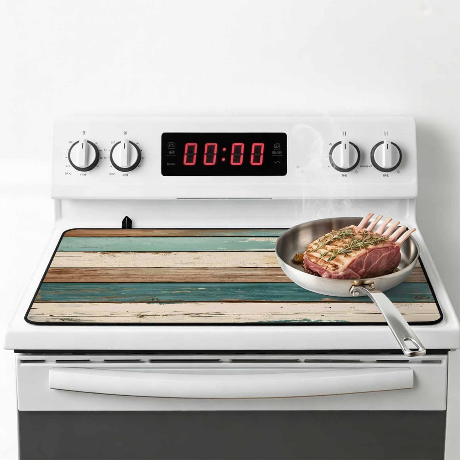 Farmhouse Teal Brown Stove Top Cover for Electric Stove, Heat-proof & Non Slip Glass Top Stove Cover Protector, Retro Ombre Wooden Kitchen Flat Cooktop Rubber Mat 24x21 Inches