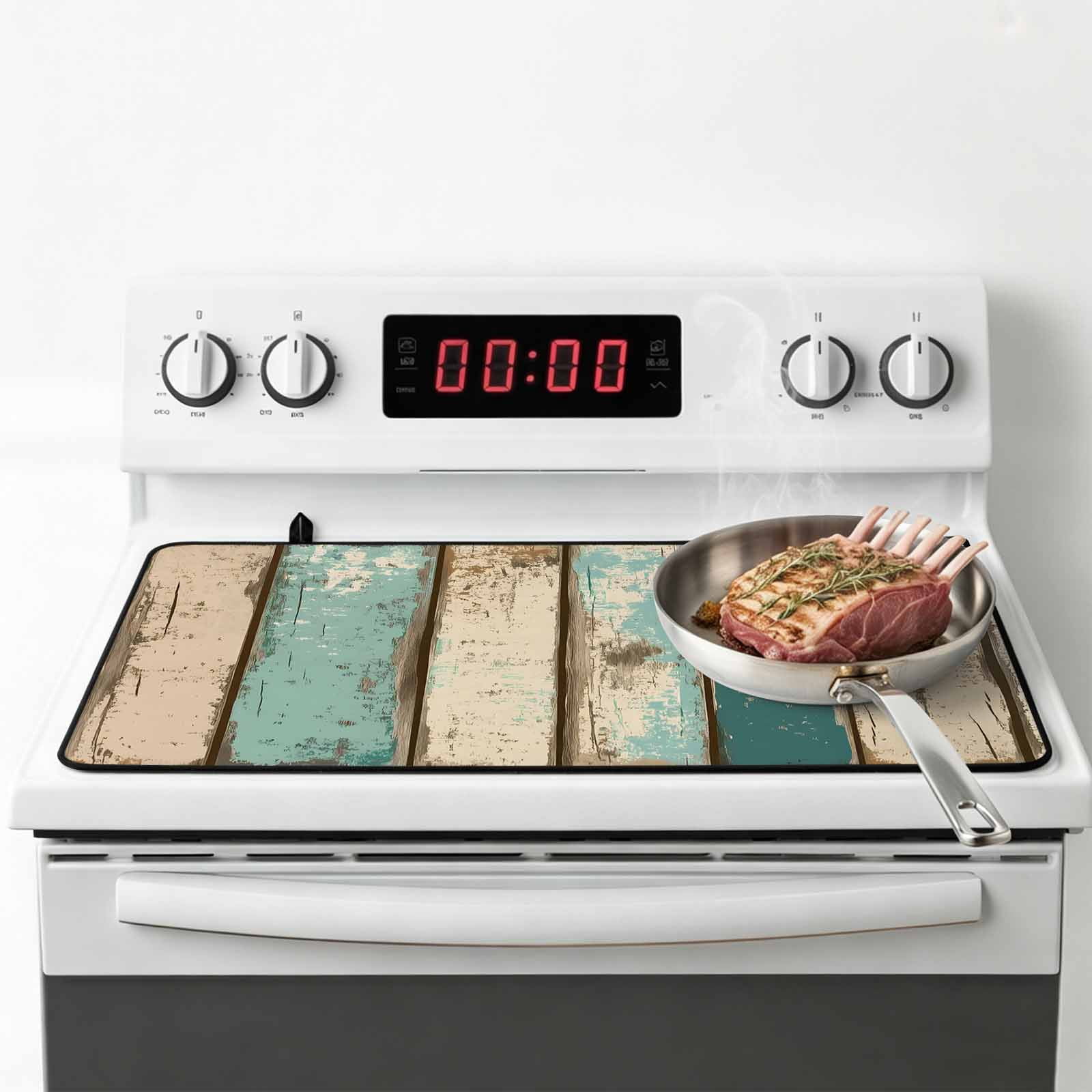 Farmhouse Teal Brown Stove Top Cover for Electric Stove, Heat-proof & Non Slip Glass Top Stove Cover Protector, Vintage Retro Ombre Wooden Kitchen Flat Cooktop Rubber Mat 24x21 Inches