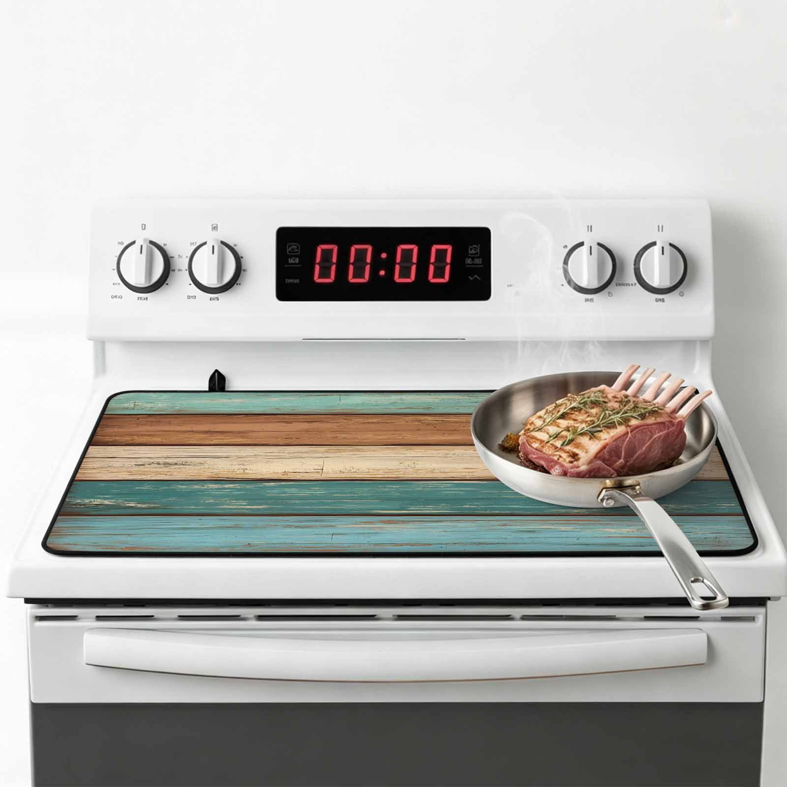 Farmhouse Teal Brown Stove Top Cover for Electric Stove, Heat-proof & Non Slip Glass Top Stove Cover Protector, Vintage Retro Wooden Kitchen Flat Cooktop Rubber Mat 24x21 Inches