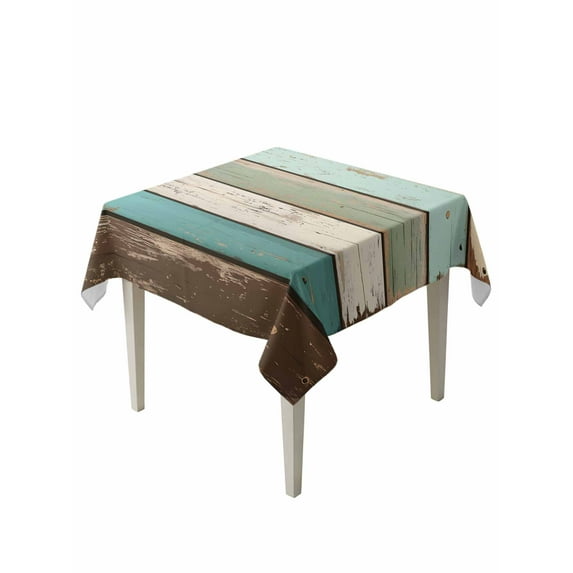 Farmhouse Teal Brown Table Cloth, Vintage Ombre Wooden Waterproof Tablecloth for Square Tables, Reusable Washable Fabric Table Cover for Restaurant Kitchen Dining Tables 60"x60"