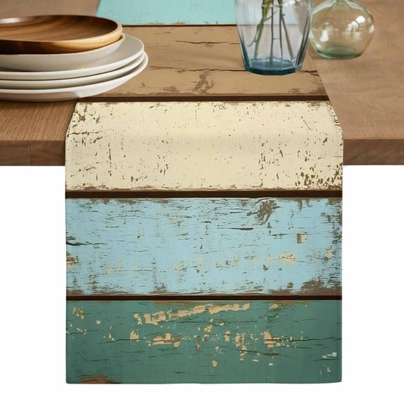 Farmhouse Teal Brown Table Runner, Ombre Wooden Vintage Washable Cotton Linen Table Runners 48 Inches Long, Dresser Scarf Runner for Nightstand/Coffee/End Tables 13''x48''