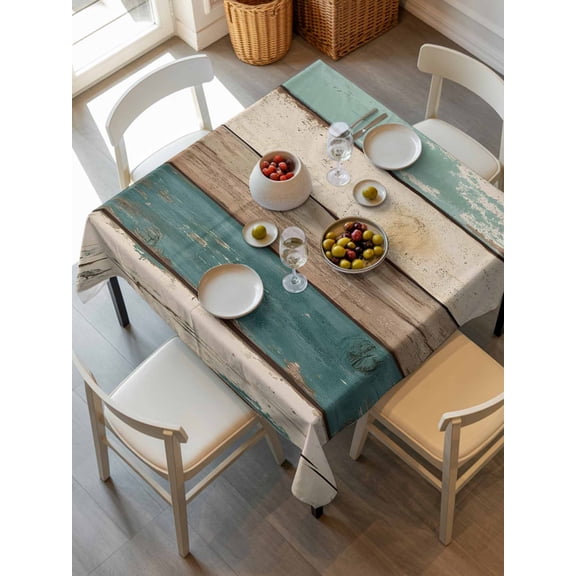 Farmhouse Teal Brown Tablecloth Square Table Cloth 54x54, Waterproof Outdoor Table Cloth Covers Decorative Table Protector, Retro Ombre Wooden Washable Table Cover for Kitchen Dinning Party