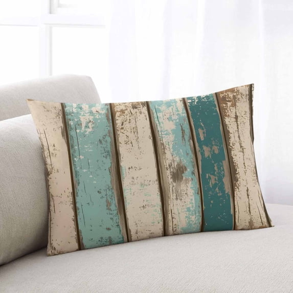 Farmhouse Teal Brown Throw Pillow Cover, Pillowcase Protectors with Zipper, Breathable Decorative Lumbar Pillow Case Cover, Vintage Retro Ombre Wooden Pillow Shams for Couch Sofa 16x24Inch