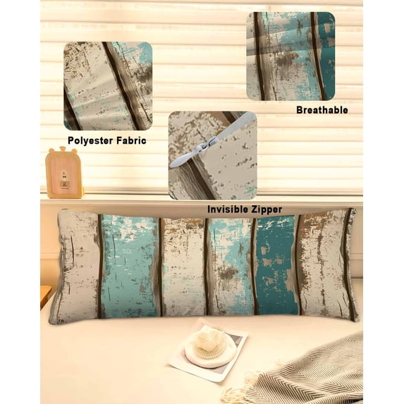 Farmhouse Teal Brown Throw Pillow Covers, Vintage Retro Ombre Wooden Soft Breathable Pillow Cases with Invisible Zipper for Sleeping, Long Body Pillowcases for Couch Bed Sofa Chair 20x60 Inches