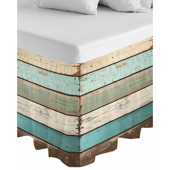 Farmhouse Teal Brown Wrap Around Bed Skirts for Queen Bed 16" Drop, Bed Skirt with Adjustable Elastic Belt Dust Ruffle Bed Valance for Bedroom Hotel Luxury Vintage Ombre Wooden Bed Frame Cover