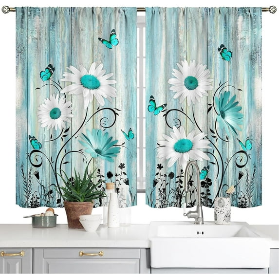 Farmhouse Teal Daisy Kitchen Curtains Wooden Floral Small Short Cafe Window Curtains Spring Country Vintage Flower Butterfly Rod Pocket Bathroom Window Drapes Treatment Tier Curtains (26x36 Inch)
