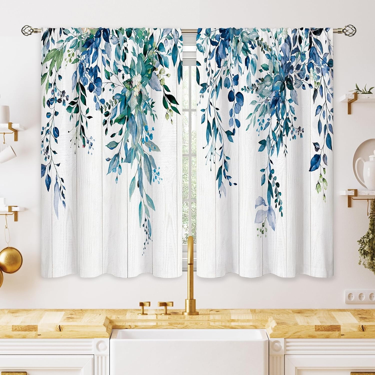 Farmhouse Teal Eucalyptus Small Kitchen Curtains Blue Leaves Window Treatment Turquoise Wooden Cafe Short Curtains for Bathroom Dining Laundry Room Botanical Tier Treatment Drapes 27.5x39 inch