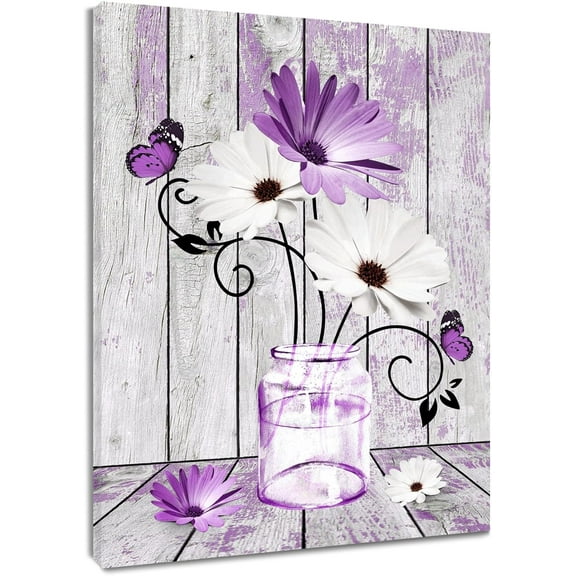 Farmhouse Teal Floral Canvas Wall Art Blue and White Daisy Flower and Butterfly on Retro Wood Pictures Wall Decor Nature Plant Framed Wall Art for Bathroom Living Room Bedroom,16L X 12W inches