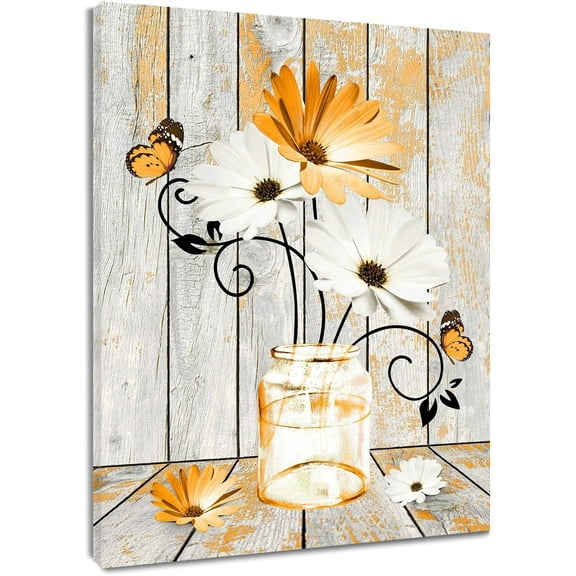 Farmhouse Teal Floral Canvas Wall Art Blue and White Daisy Flower and Butterfly on Retro Wood Pictures Wall Decor Nature Plant Framed Wall Art for Bathroom Living Room Bedroom,16L X 12W inches